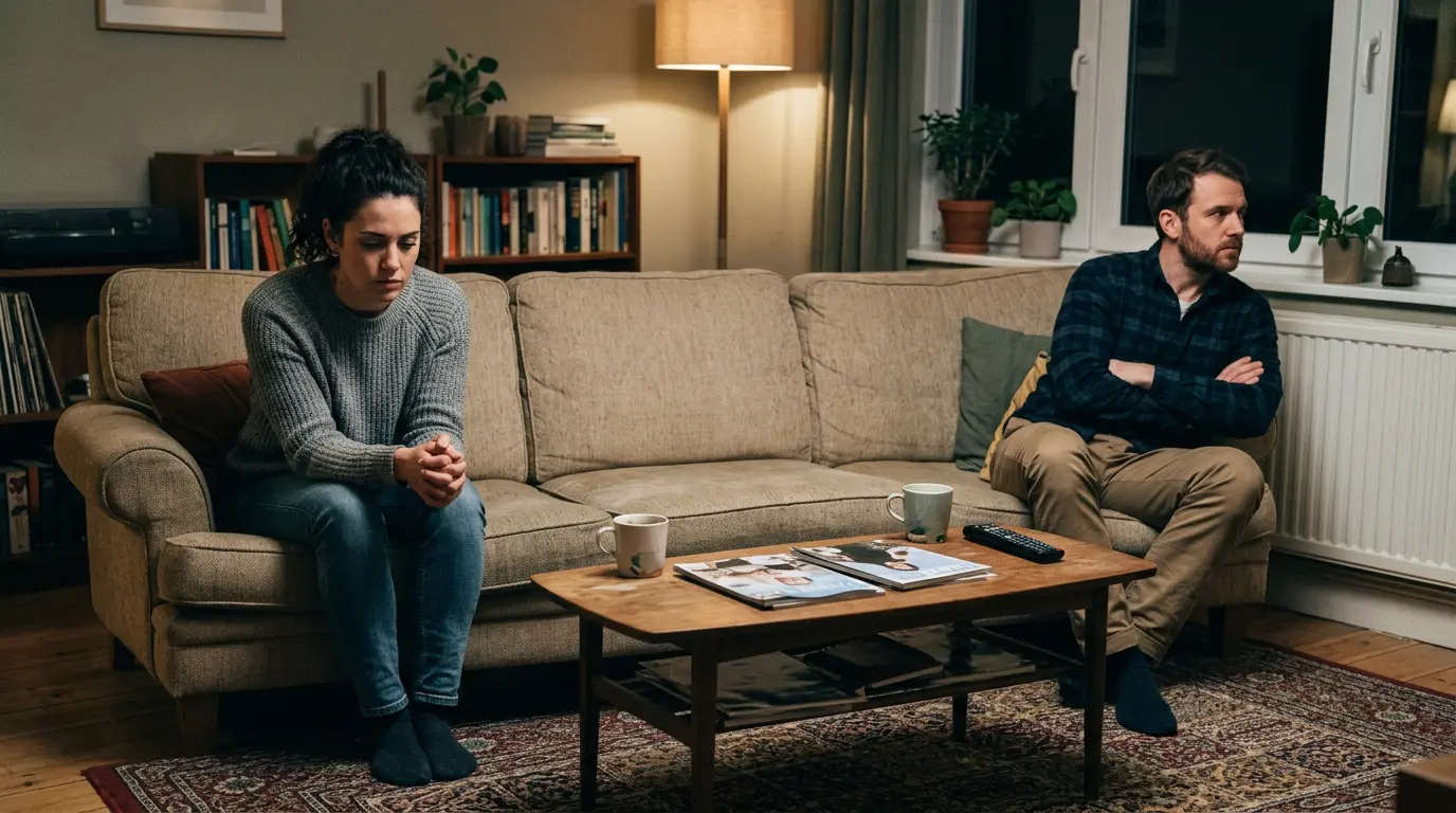 Couple sitting apart looking upset in living room